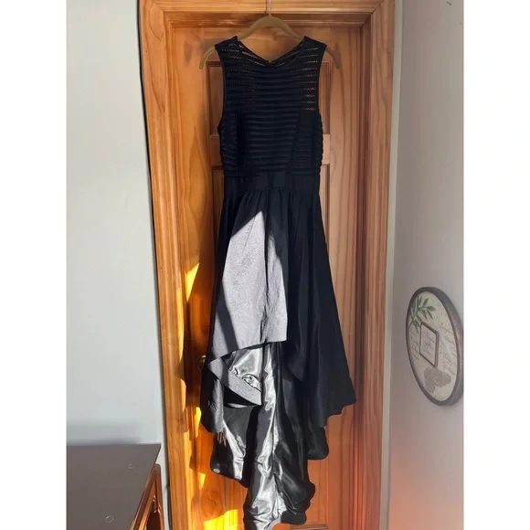 Avery G Stripe Mesh High Low Gown - Black